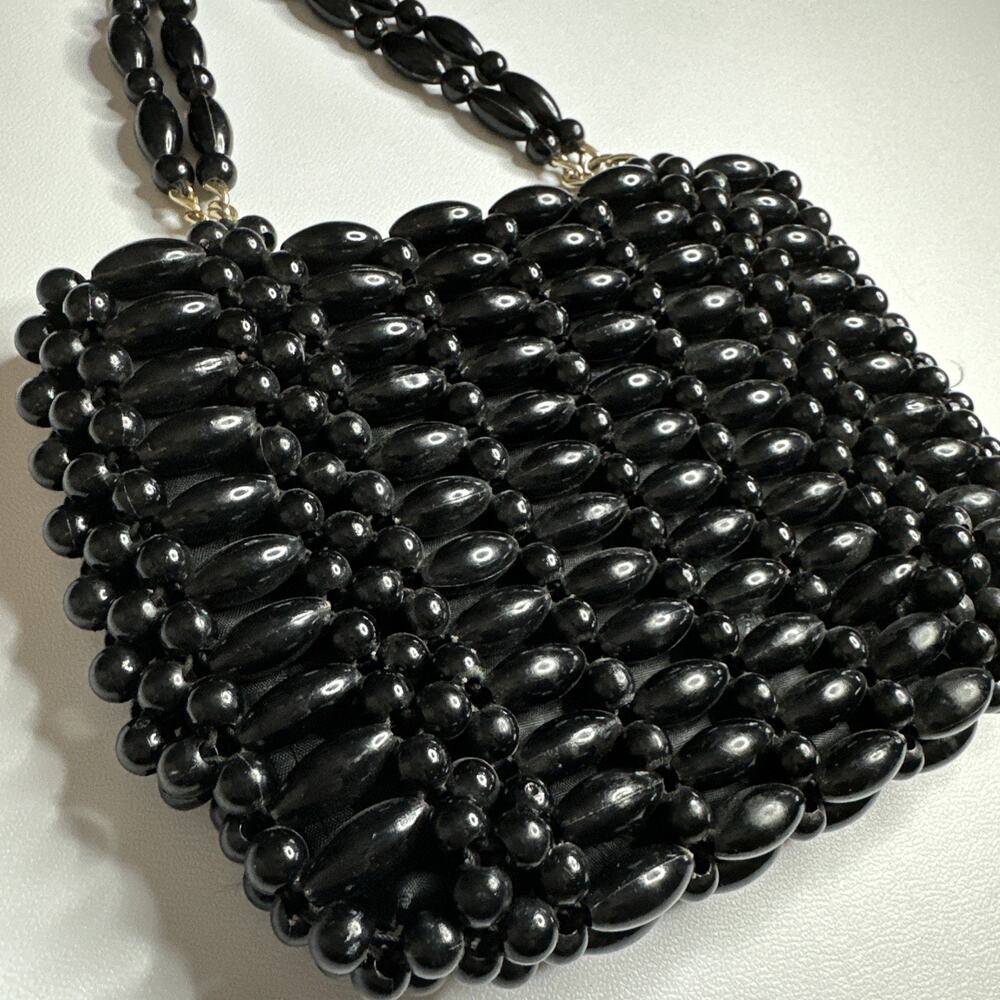 Vintage MCM Black Large Beaded Small Handbag Purse Retro Glam Evening Goth 70s - Picture 3 of 14